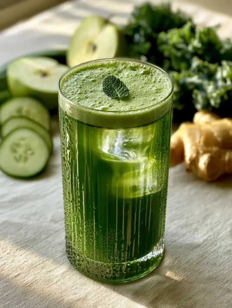 Saturated emerald green juice in a tall glass with condensation beads and a thin layer of foam on top. (Glow-Boosting Juice Recipes)