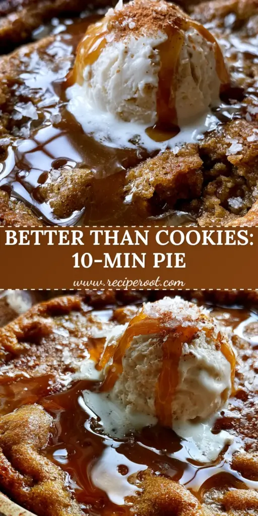 A close-up of a brown sugar maple cookie pie in a cast iron skillet topped with melting ice cream and maple glaze.