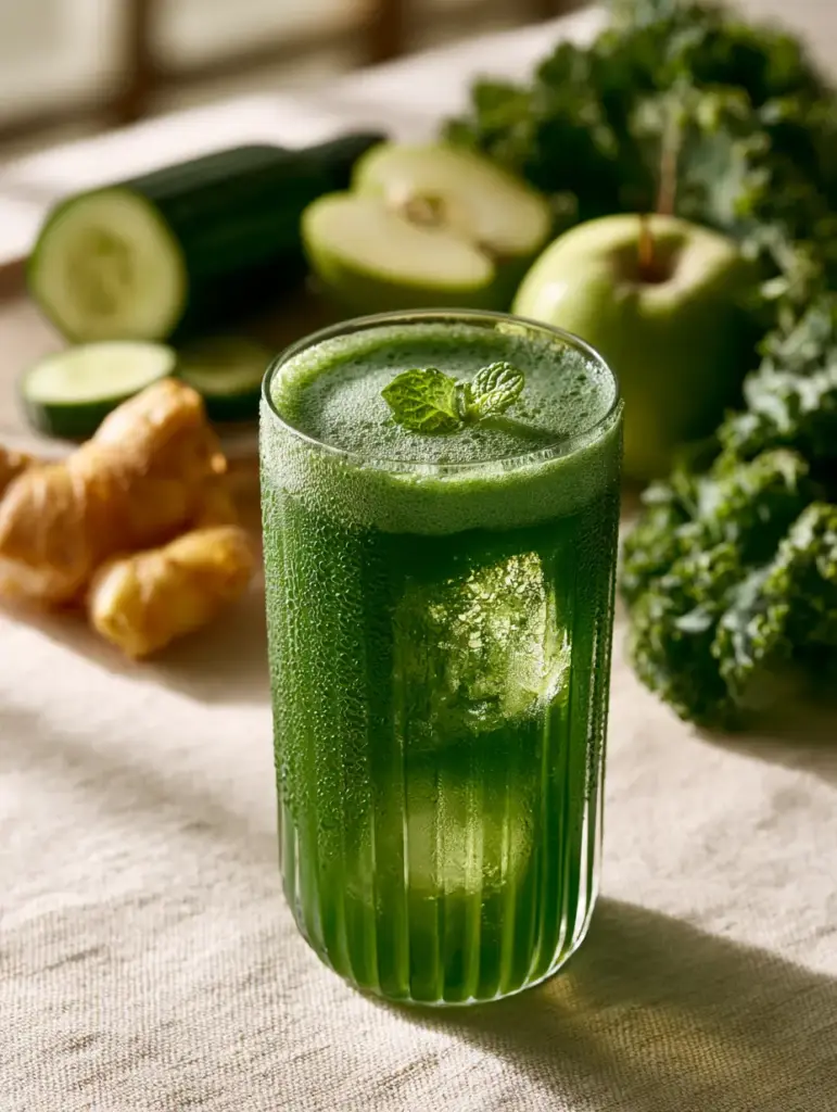 Close up of clear ice cubes in a ribbed glass filled with green juice, surrounded by raw kale, cucumber, and ginger.