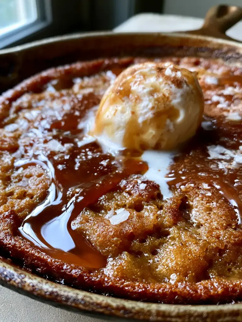 Detailed shot of vanilla bean ice cream melting onto the warm surface of a brown sugar maple cookie pie.
