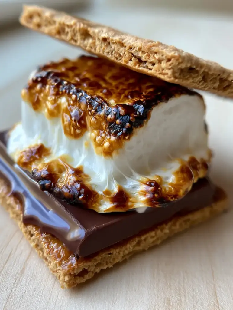 Gooey melted marshmallow web-like texture oozing from a s'more assembly.