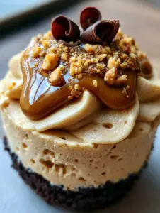 Extreme macro close-up of peanut butter mousse cups showing the tiny air bubbles in the aerated mousse and the sandy texture of the chocolate crust.