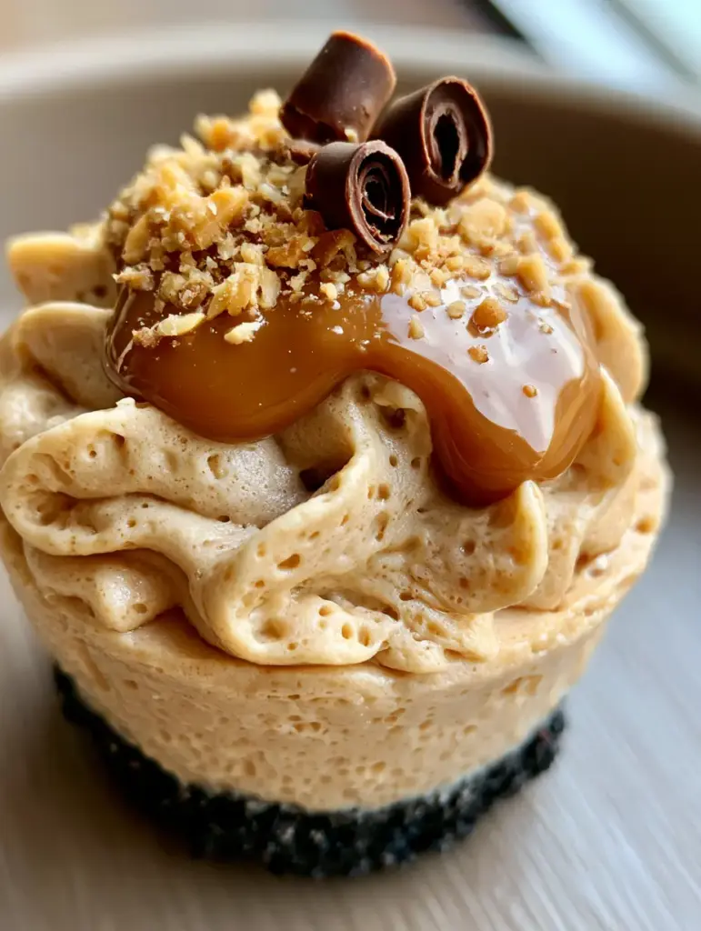 Side-lit macro photo of a peanut butter mousse cup featuring three dark chocolate curls and a glossy peanut butter drizzle.