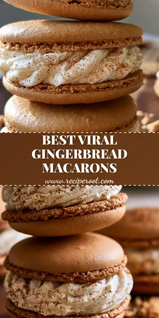 A tall stack of gingerbread macarons with ruffled feet and thick ivory buttercream filling on a dark board. (gingerbread macarons)