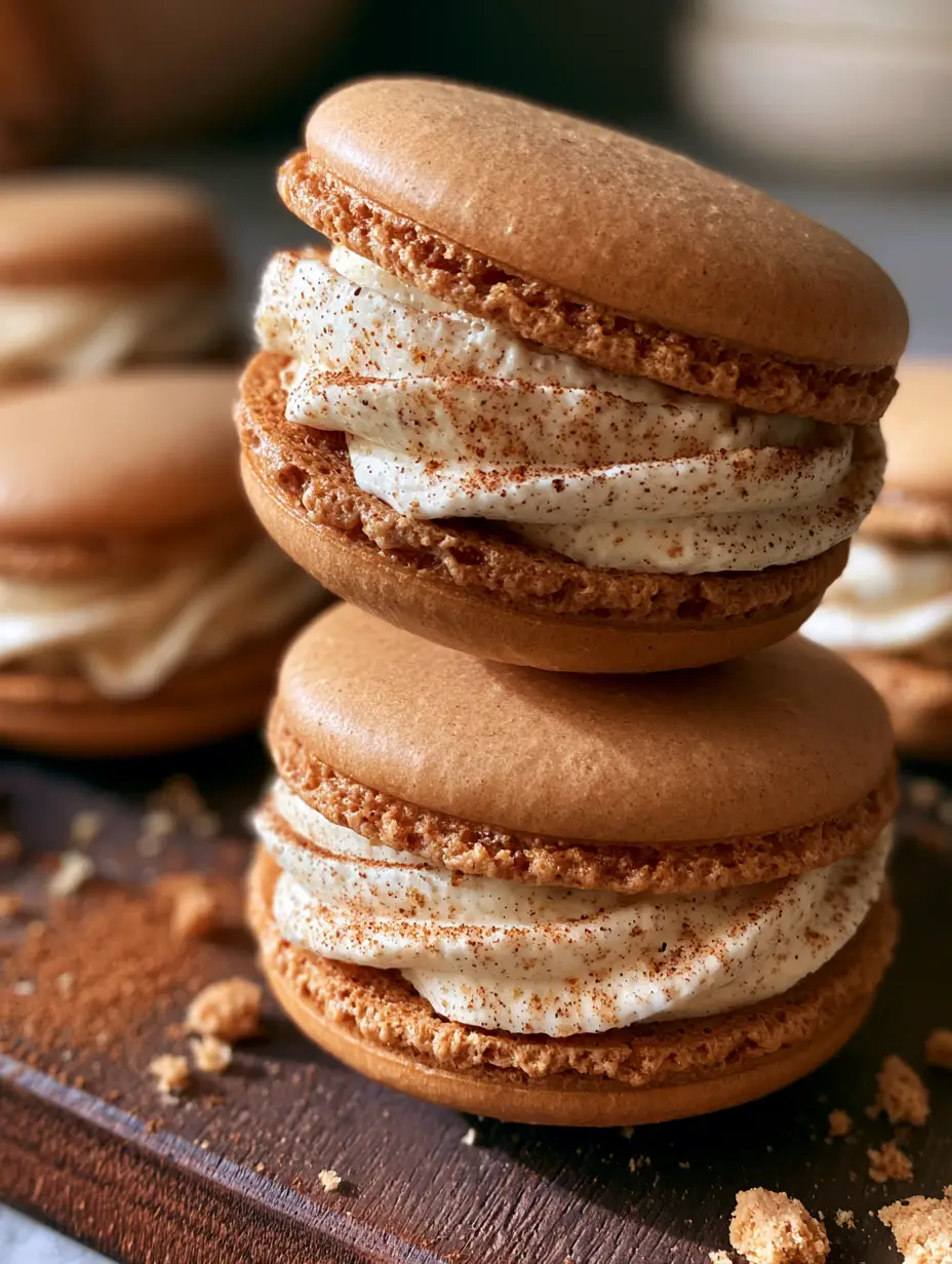 Close up view of gingerbread macarons showing the smooth matte brown shell texture and airy interior. (gingerbread macarons)