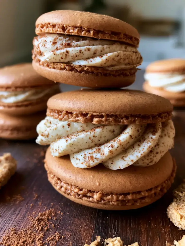 Gingerbread macarons stacked on a wooden board with visible cinnamon specks and cookie crumbs. (gingerbread macarons)