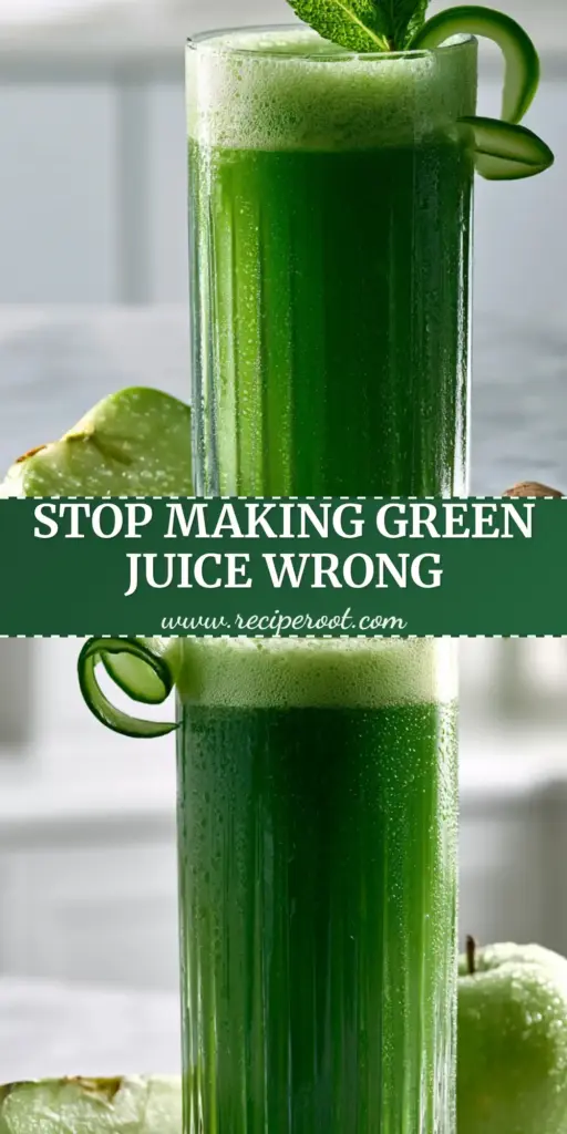 An ultra-vibrant emerald Green juice in a tall ribbed glass with a cucumber ribbon garnish and mint sprig on a marble surface.