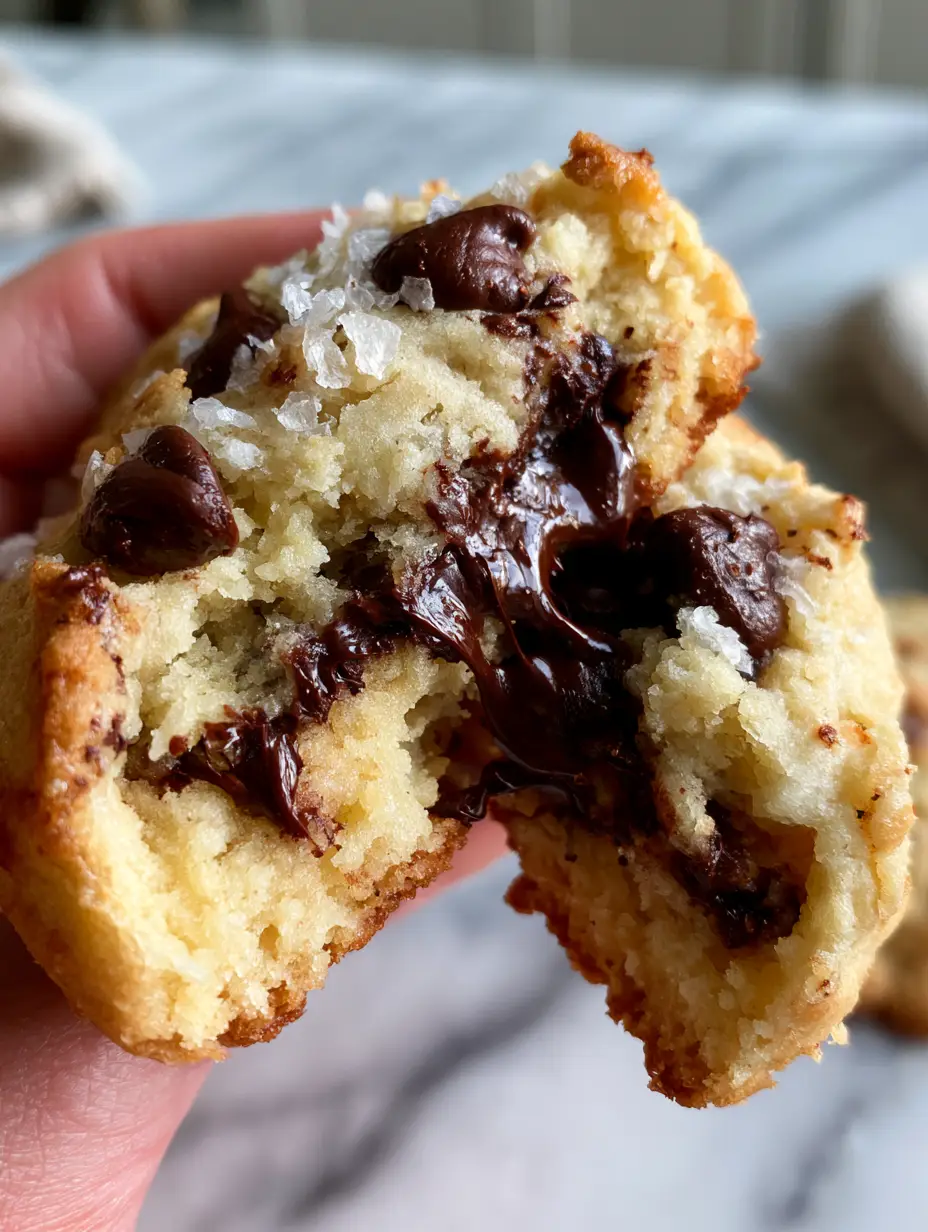 Ultra close-up of a Joanna Gaines chocolate chip cookie broken in half showing a soft doughy center and stretching chocolate.