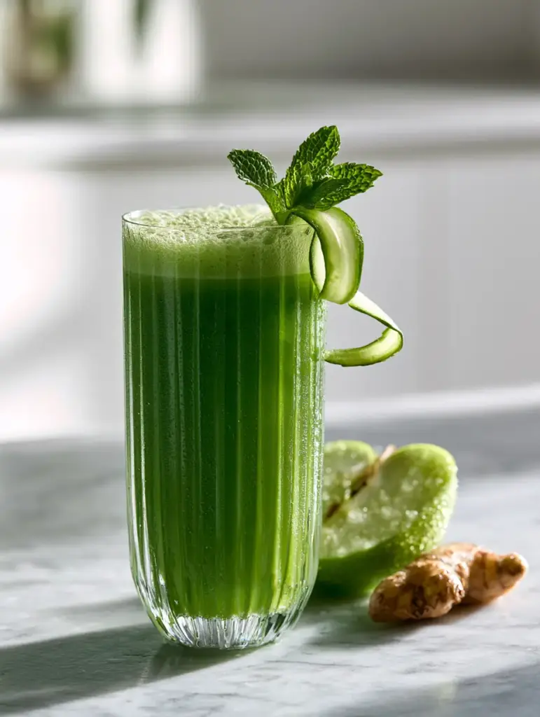 Close up of Green juice showing frothy micro-bubbles and chilled condensation droplets on a ribbed glass.