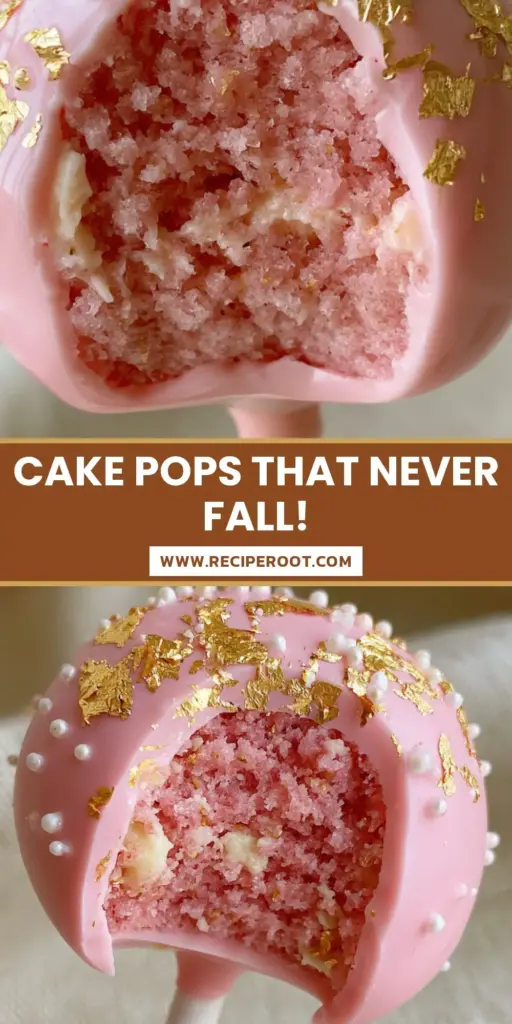 A handheld Birthday Cake Pop with a bite taken out showing a moist pink center, decorated with gold leaf and pearls.