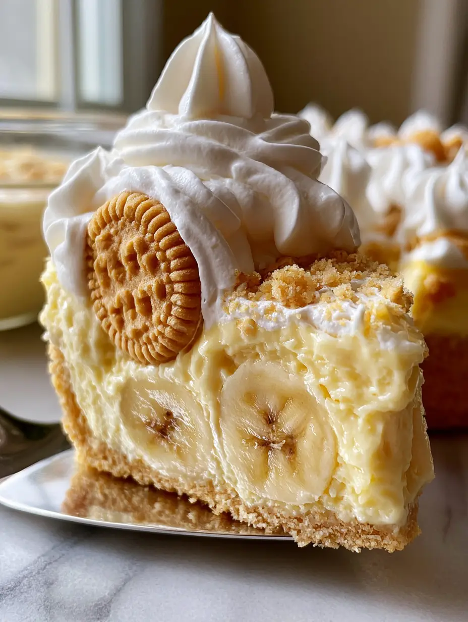 Close-up of the dense pale yellow filling and sliced banana coins in a banana pudding cheesecake. (banana pudding cheesecake)