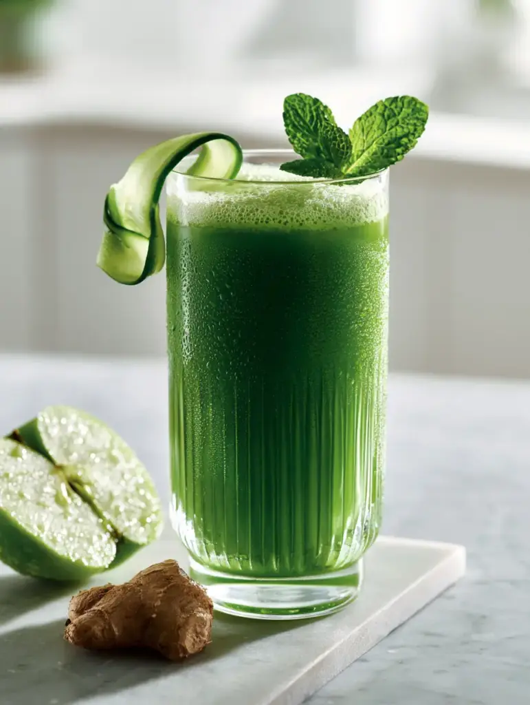 Green juice ingredients including sliced green apple and raw ginger root on a light grey marble surface.