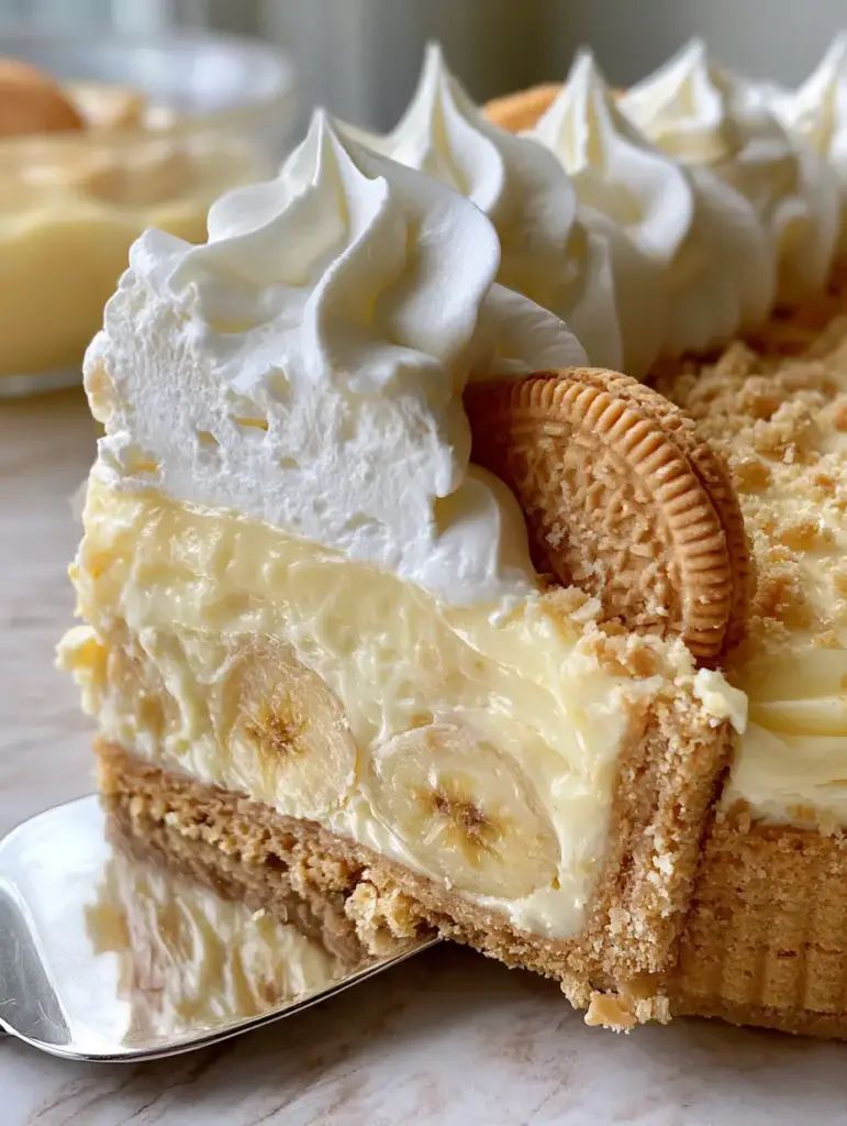 A silver cake server lifting a slice of banana pudding cheesecake topped with billowy whipped cream. (banana pudding cheesecake)