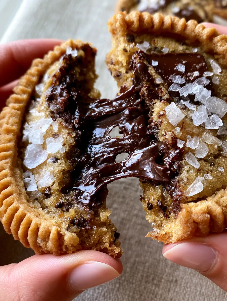 Extreme close-up of a thick chocolate chip cookie being pulled apart by hand, revealing a gooey molten center. (chocolate chip cookie recipe)