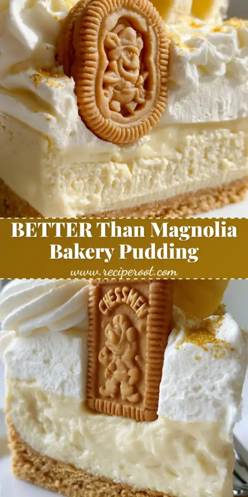 A vertical tall slice of Banana Pudding Cheesecake with Chessmen cookies and whipped cream peaks.