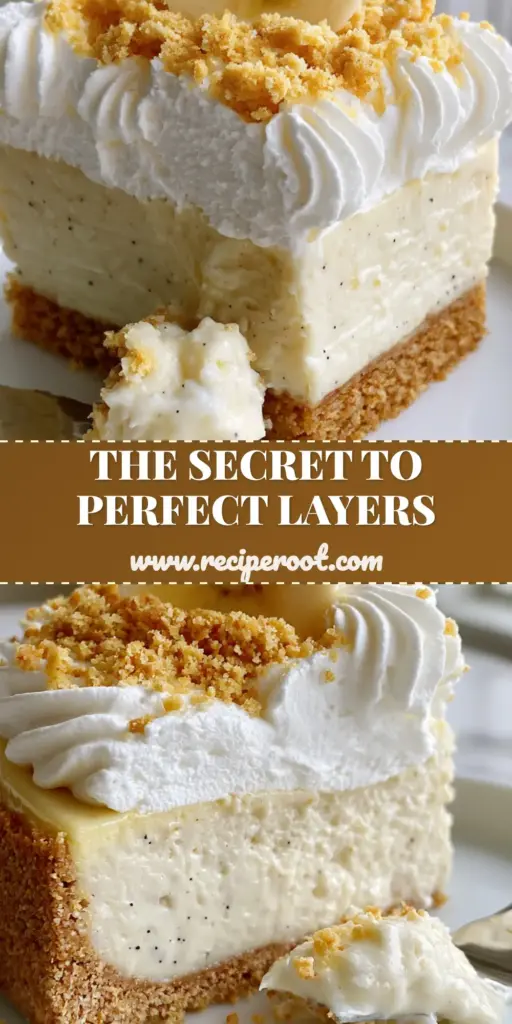 A sharp, clean-cut slice of layered Banana pudding cheesecake sitting on a white plate with stiff whipped cream peaks and a banana garnish.