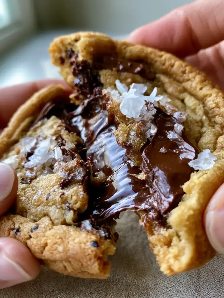 Close-up of a toffee-colored cookie surface with toasted brown butter specks and large Maldon salt flakes. (chocolate chip cookie recipe)