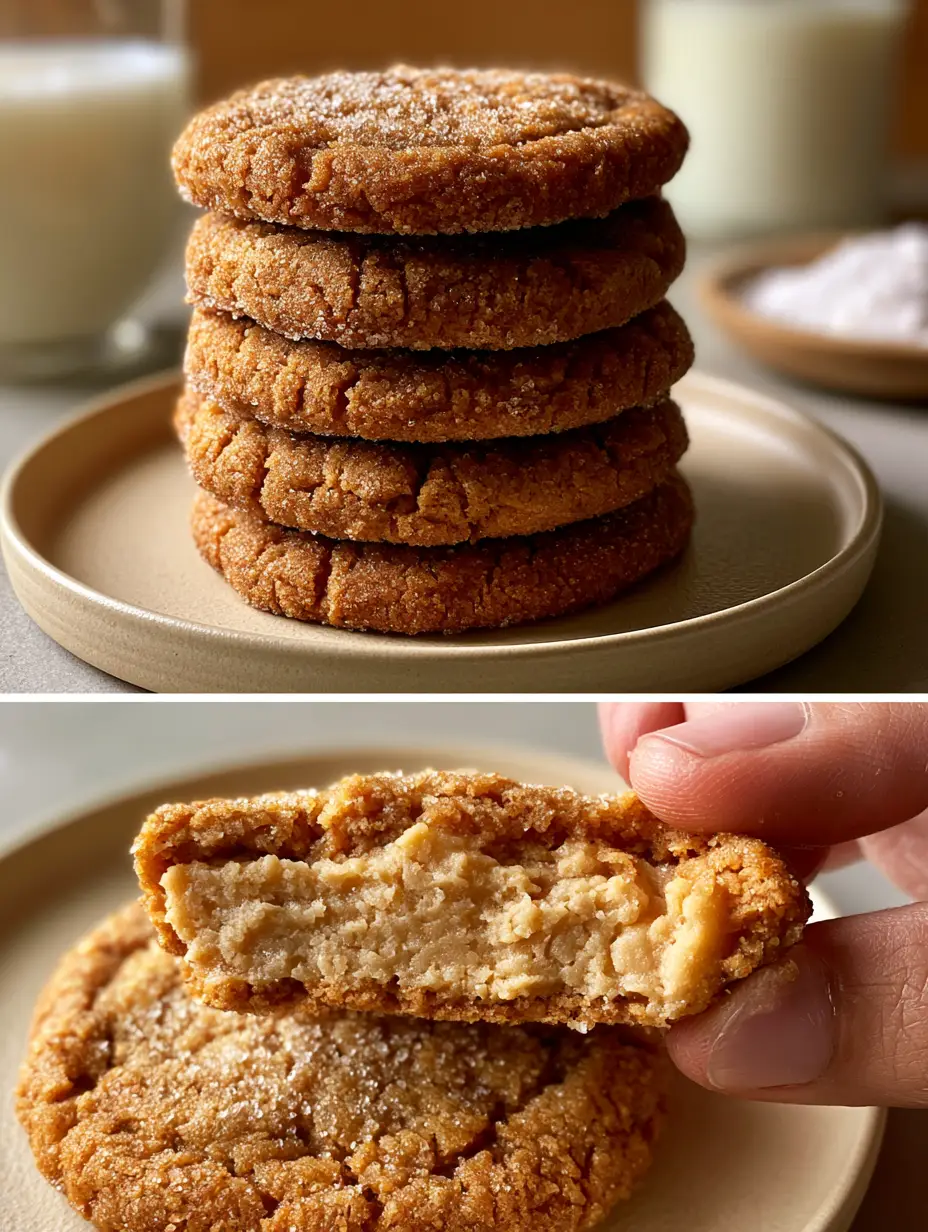 Split screen showing a stack of cookies and a close-up of a Peanut Butter Pudding Cookie being pulled apart to reveal a fudgy interior. (Peanut Butter Pudding Cookies)