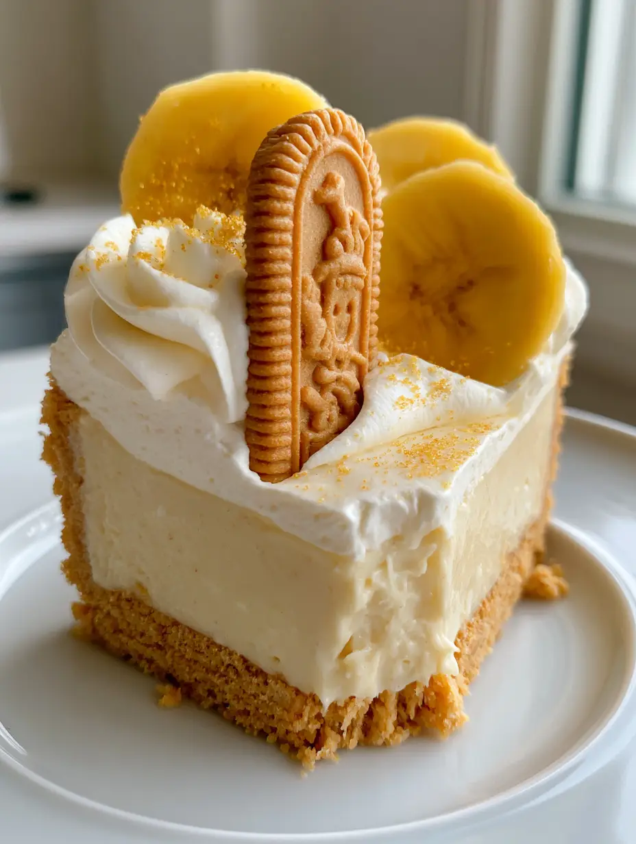 A handheld smartphone photo of a tall slice of Banana Pudding Cheesecake showing the three distinct layers. (Banana Pudding Cheesecake)