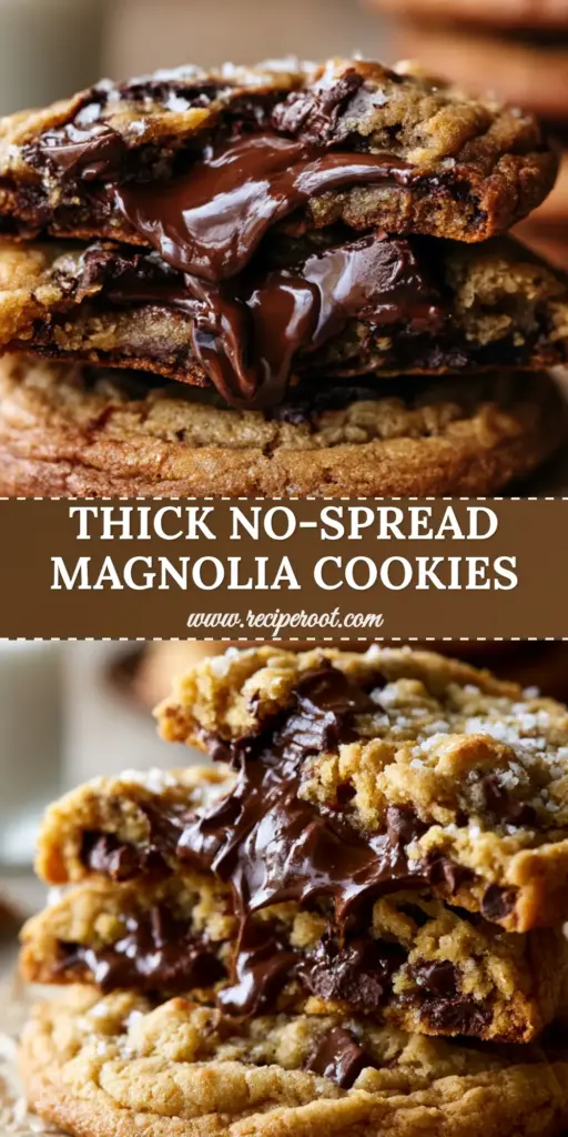 A stack of thick joanna gaines chocolate chip cookies on wrinkled parchment paper with a molten chocolate center being pulled apart.