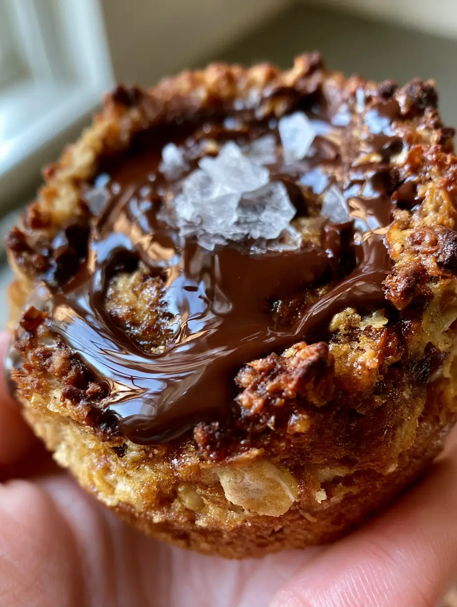 Handheld photo showing the reflective liquid sheen of dark chocolate on a thick Oatmeal Chocolate Chip Cookie with crinkly golden edges.