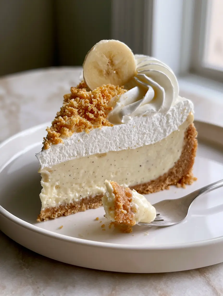 Macro photo of a Banana pudding cheesecake slice revealing a dense pale-yellow interior and vanilla bean specks.