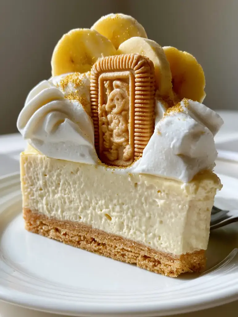 Close up view of the Chessmen cookie crust and embossed cookie garnish on the Banana Pudding Cheesecake.