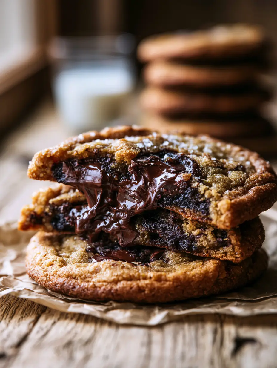 Close up shot of joanna gaines chocolate chip cookies showing craggy texture and large melting chocolate chunks.