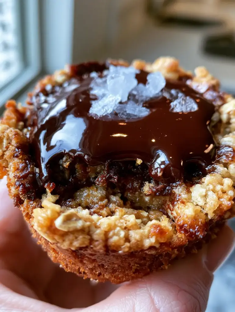 Extreme close-up of melted dark chocolate swirled on an Oatmeal Chocolate Chip Cookie garnished with large translucent salt crystals.