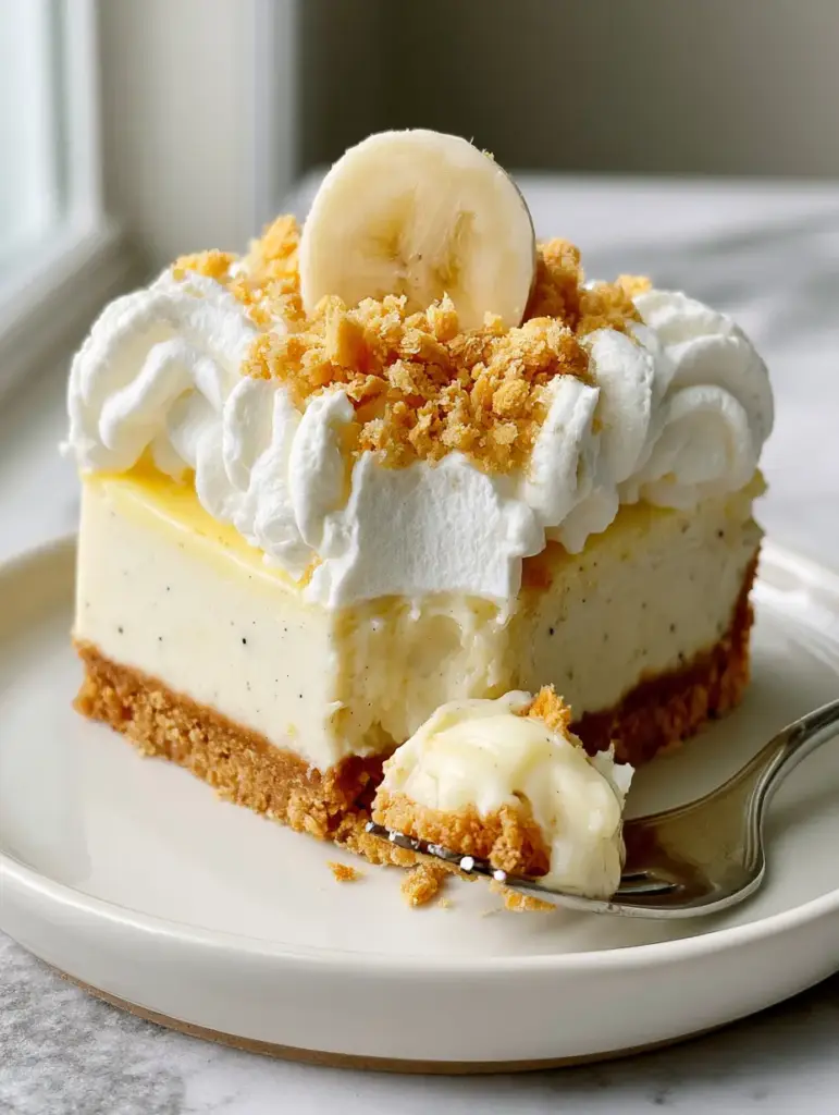 Top-down view of a Banana pudding cheesecake with billowy whipped cream and golden cookie crumbs.