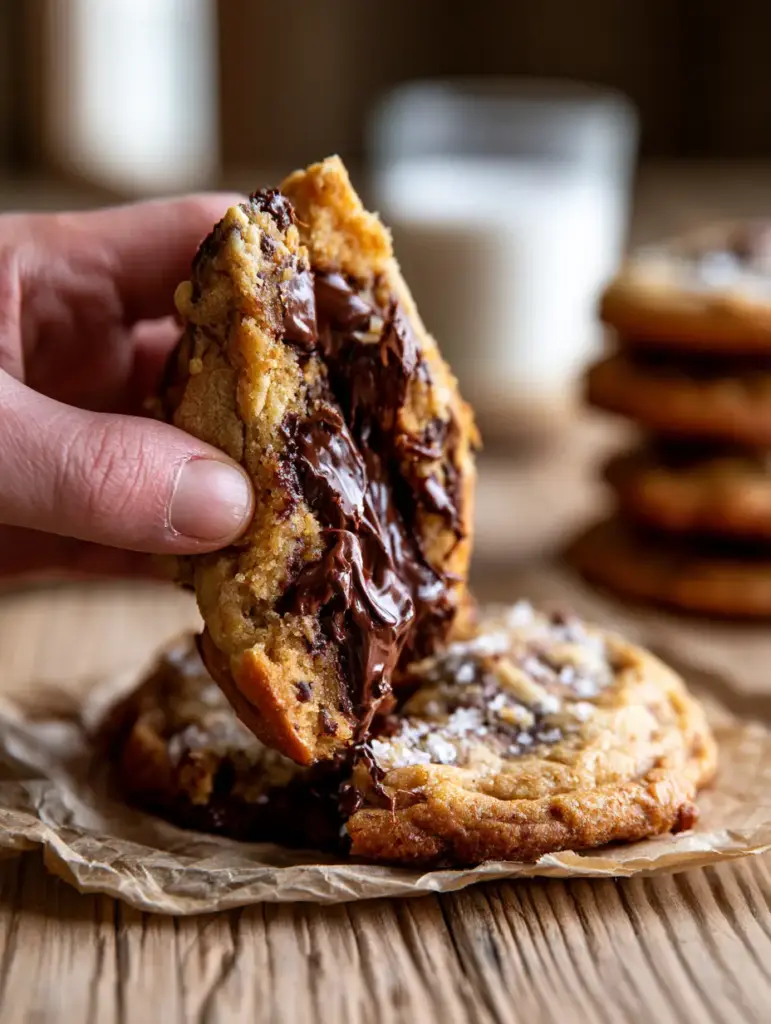 Two halves of a massive joanna gaines chocolate chip cookie being pulled apart to reveal a molten center.