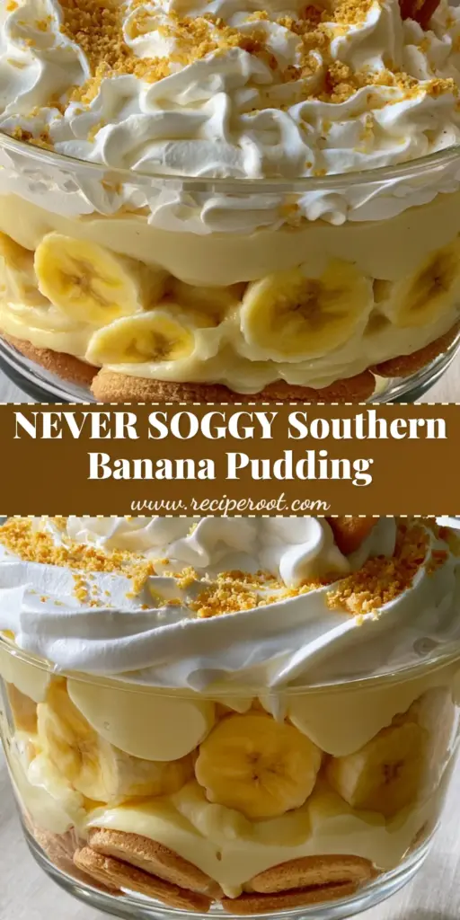 A towering clear glass trifle bowl showing distinct layers of golden wafers, pale-yellow custard, and sliced bananas, topped with a mountain of whipped cream. (No Bake Banana Pudding)