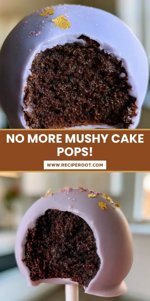 A handheld gourmet cake pop with a bite taken out, showing a fudgy dark chocolate core and lavender shell. (cake pop flavors)