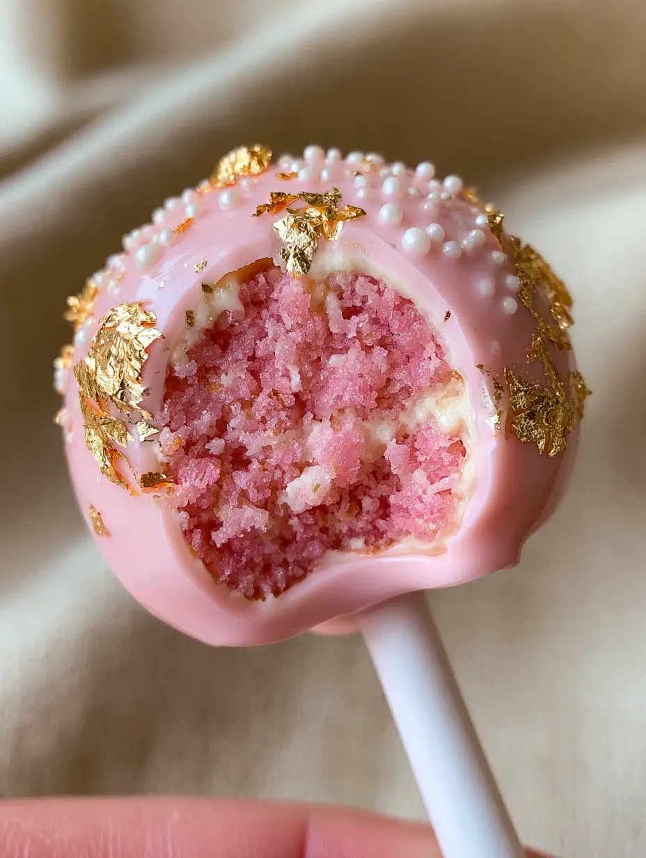 Close-up of a premium Birthday Cake Pop with a bite removed revealing moist pink cake crumb.