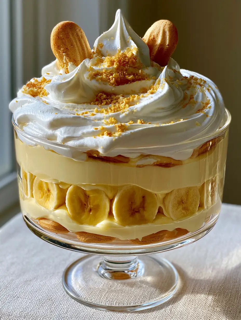Side view of Southern banana pudding showing thick velvety custard and crisp vanilla wafer layers in a glass bowl. (No Bake Banana Pudding)