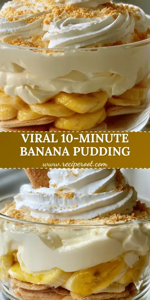 A tall glass trifle bowl filled with layers of no bake banana pudding, vanilla wafers, and thick banana slices, topped with whipped cream swirls.