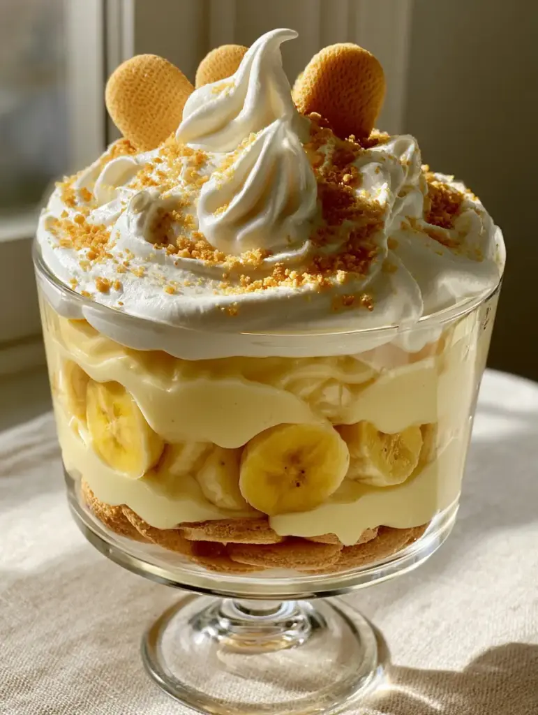 A close-up of a massive whipped cream mountain with soft peaks garnished with crushed wafers and whole cookies. (No Bake Banana Pudding)