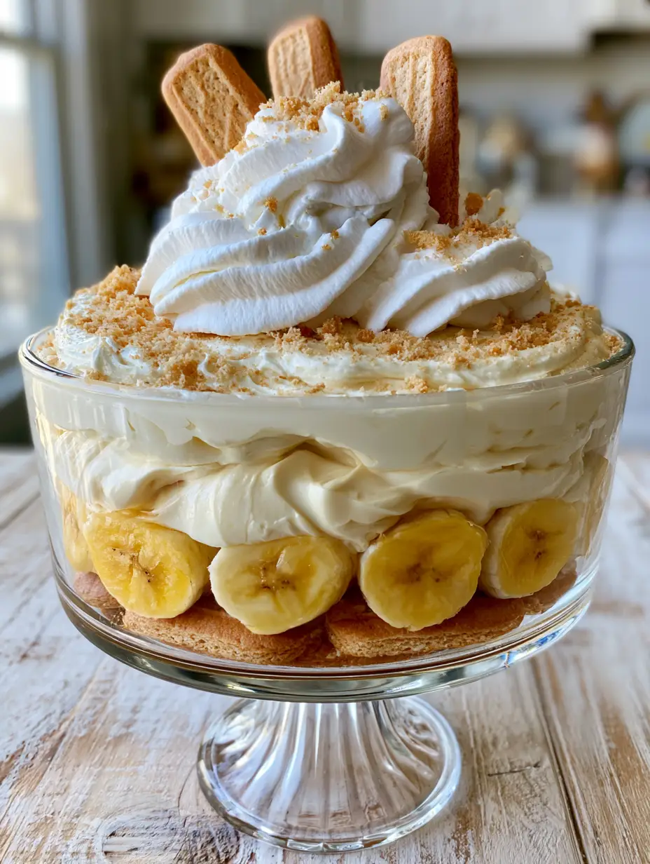 Side view of a glass trifle bowl showing distinct layers of cookies, yellow bananas, and ivory pudding. (no bake banana pudding)