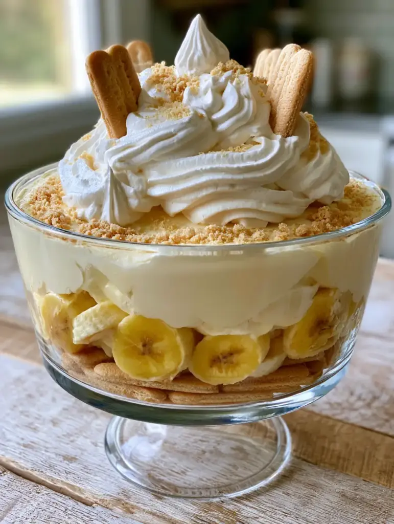 Close up of the top of a banana pudding trifle with stiff whipped cream peaks and vertical Nilla wafers.