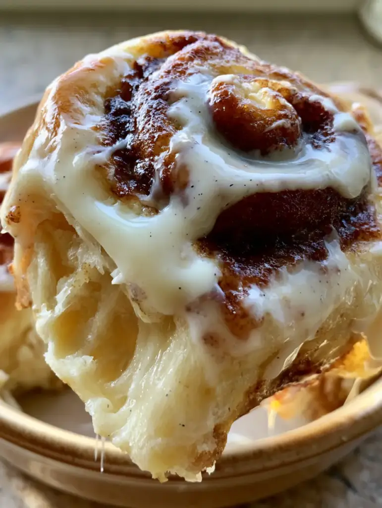 Handheld photo of a giant cinnamon roll being lifted showing long stretchy strands of pale gold dough and melting frosting. (cinnamon roll recipe)