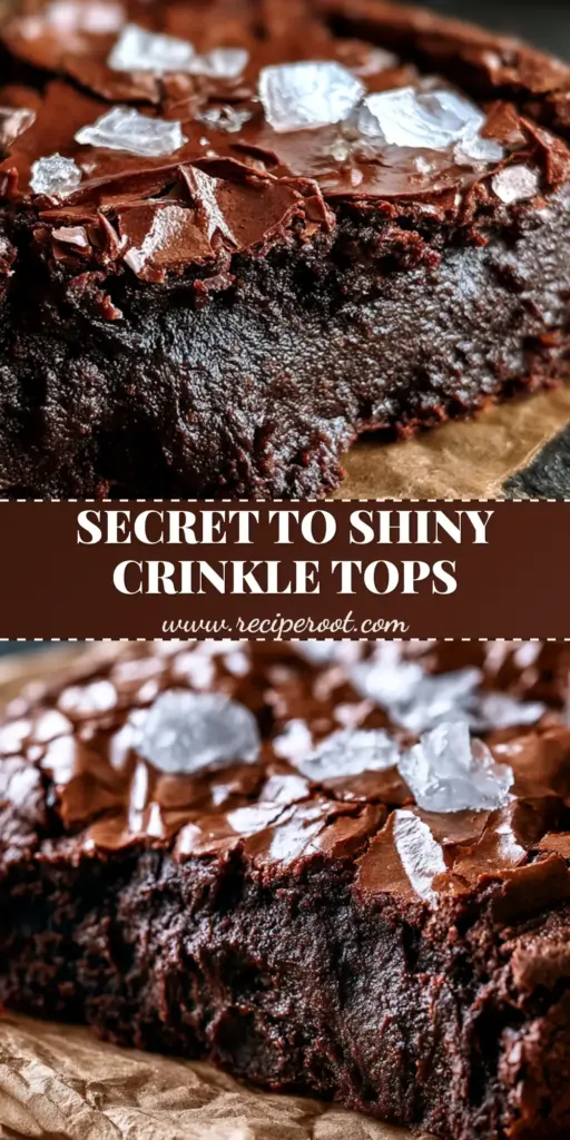 A stack of brownie cookies showing deep crinkles and a glossy meringue top with flaky sea salt.
