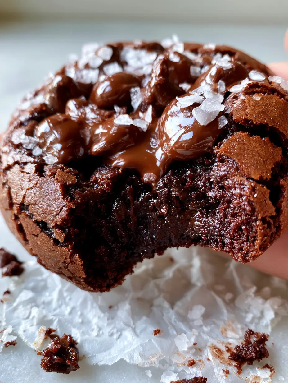Close-up handheld photo of a thick Salted Brownie Crinkle Cookie being pulled apart to reveal a molten dark chocolate center.