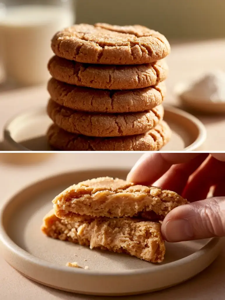 Extreme close-up of a soft-baked peanut butter cookie with deep crinkles and sugar crystals in warm natural light. (Peanut Butter Pudding Cookies)