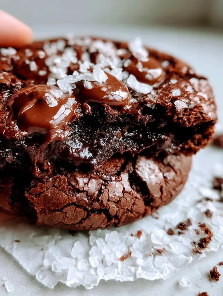 A close-up of Salted Brownie Crinkle Cookies showing the shiny crackled crust and deep cocoa fissures with Maldon sea salt.