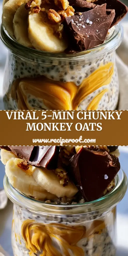 A wide-mouth Weck jar filled with thick Chunky monkey overnight oats, topped with fresh banana slices, dark chocolate chunks, and walnuts on a marble counter.
