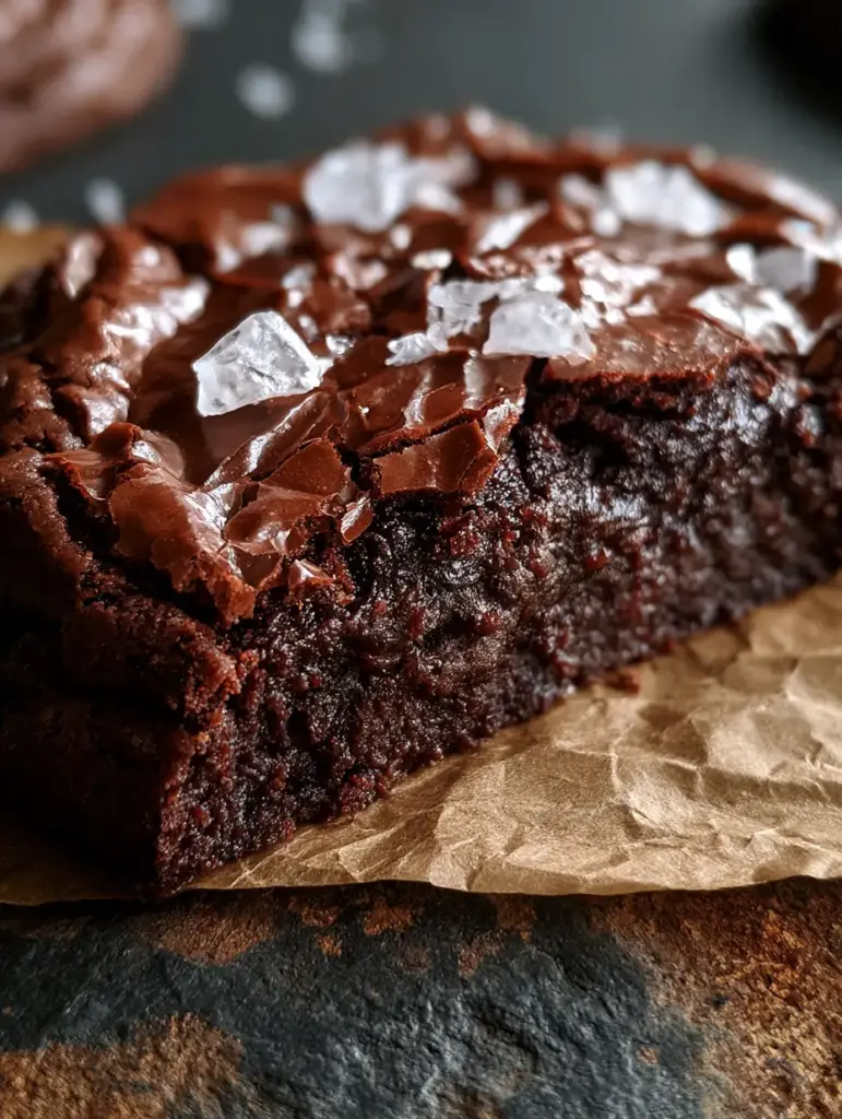 Top view of brownie cookies on parchment paper showing shattered meringue-like chocolate crust and sea salt.