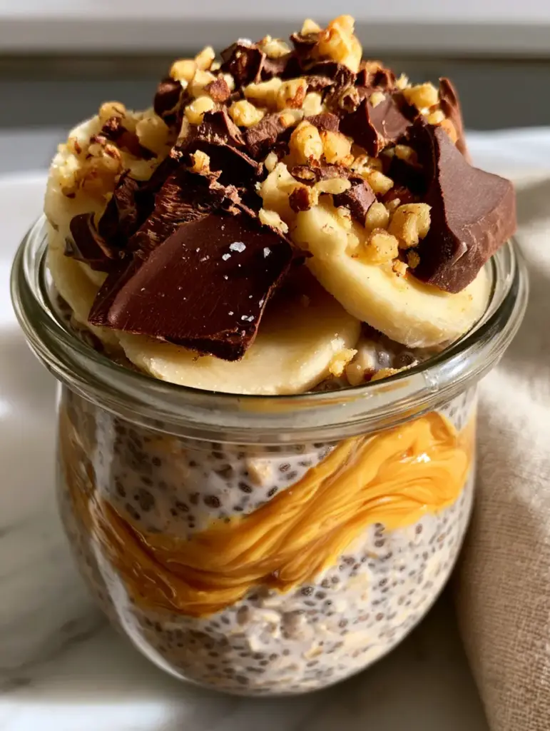 Close up shot of creamy overnight oats with a visible peanut butter swirl and dark chocolate chunks. (Chunky monkey overnight oats)