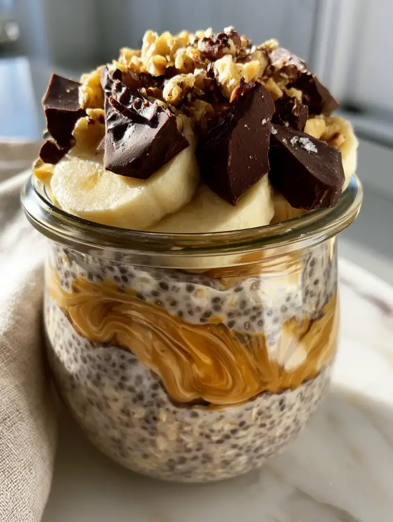 A smartphone photo showing the top view of overnight oats with banana slices, walnuts, and sea salt. (Chunky monkey overnight oats)