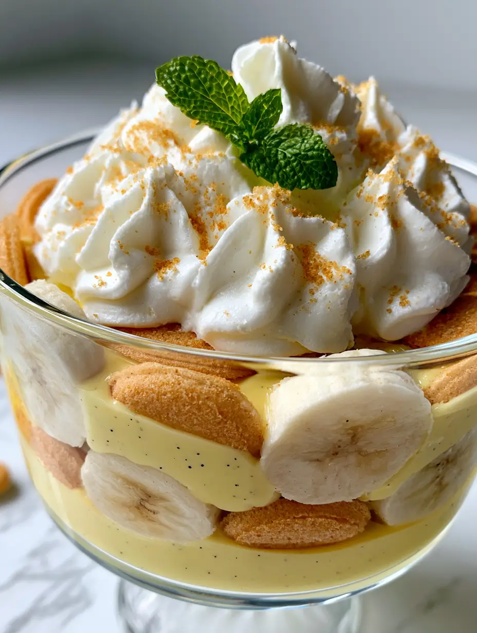 Macro shot of Homemade Banana Pudding featuring thick custard with vanilla bean specks and stiff whipped cream.