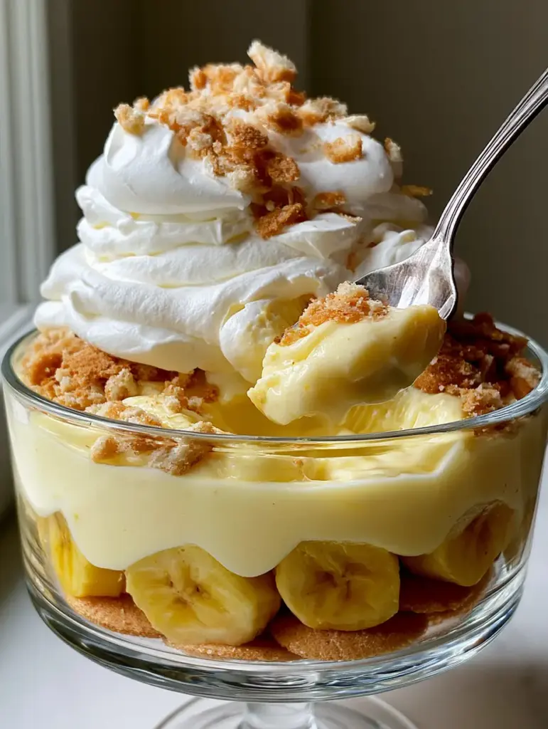 A silver spoon lifting a thick, heavy scoop of homemade banana pudding from a glass trifle dish showing stable layers.
